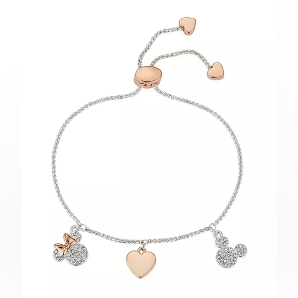 [Disney] Love & Kisses Mickey Crystal Charm Bracelet 14k Gold Flash Plated NEW